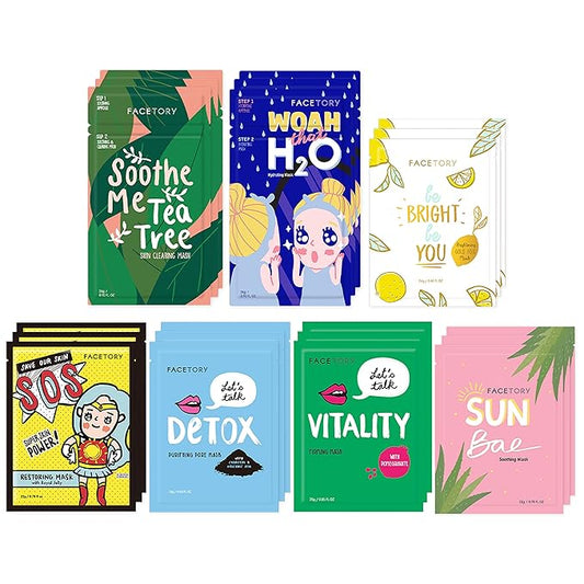 FACETORY K Beauty Face Mask Skin Care - BEST OF 7 COLLECTION Sheet Mask Set (21 pc) | Natural Premium Korean Face Mask For All Skin Types - No Sulfates No Parabens-Velvo Beauty