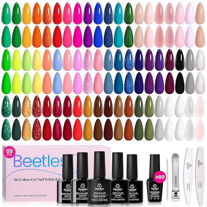 Beetles Gel Nail Polish Set, 60 Colors Fall Uv Gel Polish Kit Jelly Brown Glitter Nude Pink White Red Blue Green Color Nail Polish Base &Glossy Matte Top Coat Gift for Her Women-Velvo Beauty