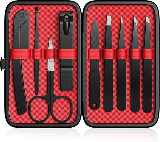 Yougai Tweezers Set,9 Pcs Professional Stainless Steel Tweezer Kit-Great Precision Eyebrow Tweezers for Ingrown Facial Hair with Leather Travel Case as Stocking Stuffing Gifts-Velvo Beauty