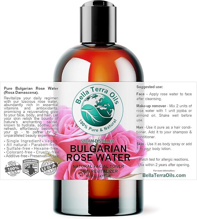 Bella Terra Oils - Rosewater Spray 16 oz - Embrace The Timeless Beauty of Pure Organic Rose Water, Ideal for Skin & Hair, Immerse in Natural Rose Fragrance-Velvo Beauty
