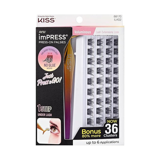 KISS imPRESS Falsies Self Adhesive Eyelashes, Press On Lashes, 12mm-14mm Glam Volume Lashes, Black, No Glue Needed, Invisible Band, 36 Lash Clusters & Non-Stick Applicator - Voluminous-Velvo Beauty