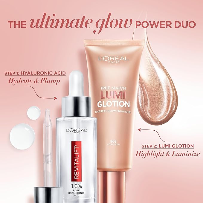 L'Oreal Paris Revitalift 1.5% Pure Hyaluronic Acid Face Serum 1.0 oz + True Match Lumi Glotion Natural Glow Enhancer Lotion, Medium 1.35 fl. oz, 1 kit-Velvo Beauty