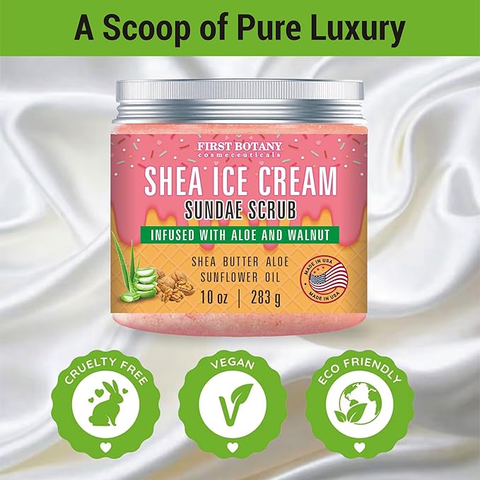 First Botany Body Scrub - Natural Exfoliating Salt Scrub & Body and Face Souffle helps with Moisturizing Skin, Acne, Cellulite, Dead Skin Scars, Wrinkles (10 fl oz, Shea Icecream)-Velvo Beauty