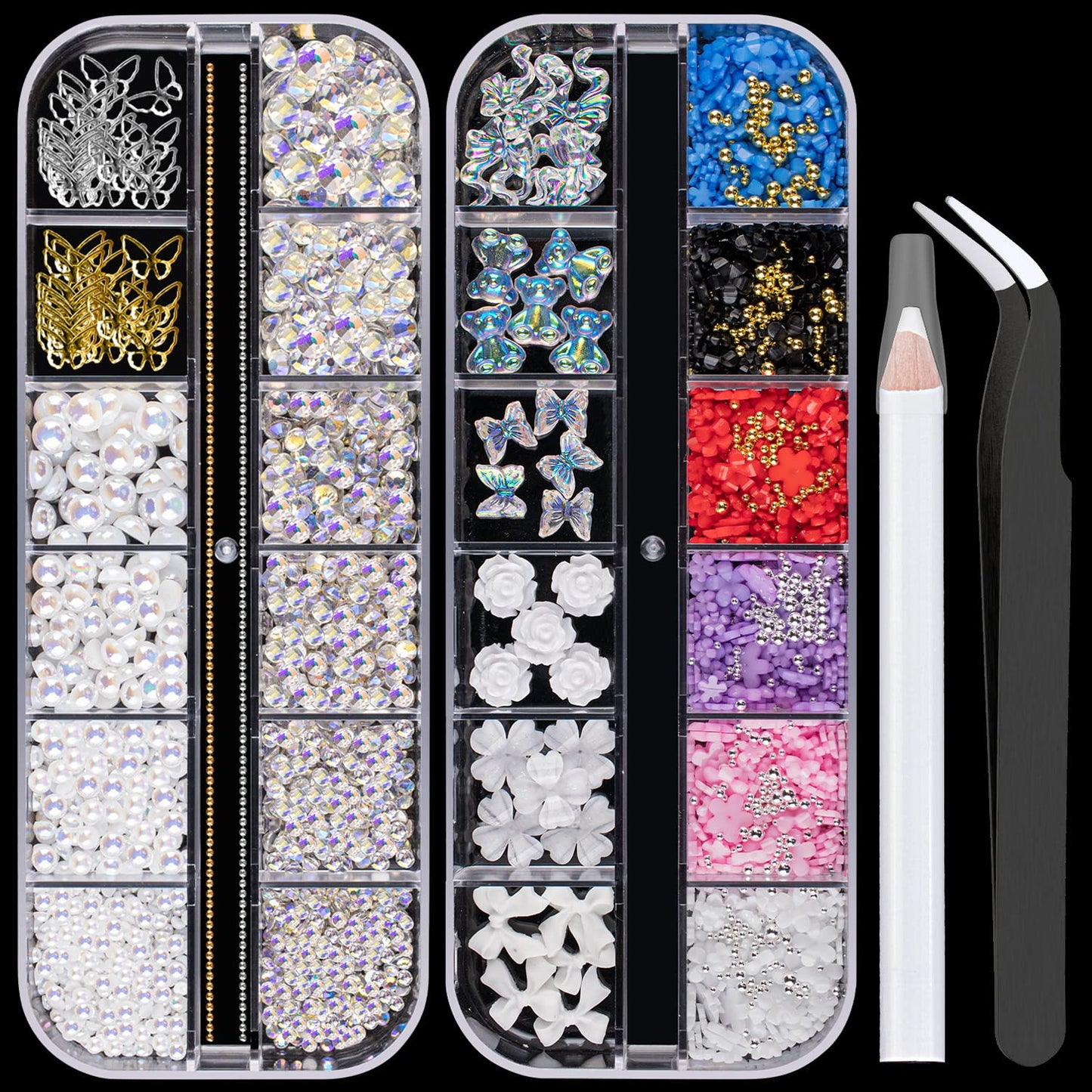 Mixed 3D Nail Art Gem Decoration Accessories Kit #11, Aurora Bear Bow Butterfly Starry AB Rhinestone Charm Jewelry for Deco, Pearl Flower Caviar Bead Stone Crystal with Pickup Pencil and Tweezer-Velvo Beauty