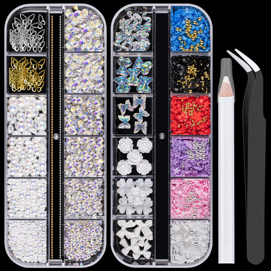 Mixed 3D Nail Art Gem Decoration Accessories Kit #11, Aurora Bear Bow Butterfly Starry AB Rhinestone Charm Jewelry for Deco, Pearl Flower Caviar Bead Stone Crystal with Pickup Pencil and Tweezer-Velvo Beauty