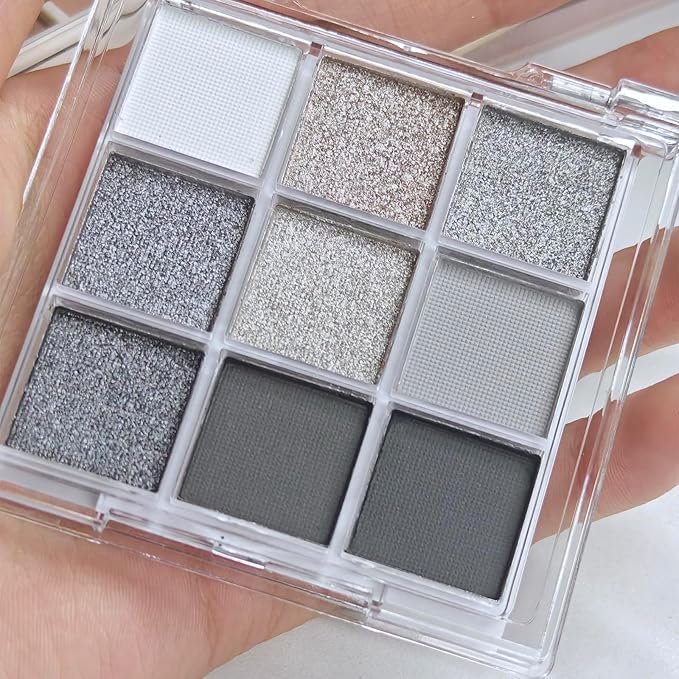 Erinde Black Smokey Gray Silver Eyeshadow Palette, 9 Colors Matte Shimmer Glitter Eye Shadow Makeup Pallet, Highly Pigmented Long Lasting Waterproof, Natural Neutral Shiny Eyeshadow Make Up Palette-Velvo Beauty