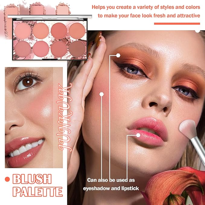 8 Colors Blush Palette,Shimmer Silky Matte Blush Powder Palette,Professional Cute Face Contour Highlighter Blush Palette with Blush Makeup Brush-Velvo Beauty