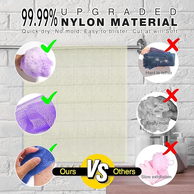 UJFQBH 3 Pieces African Bath Sponge African Net Long Net Bath Sponge Exfoliating Shower Body Scrubber Back Scrubber Skin Smoother,Great for Daily Use (Purple,Blue,Off-White)-Velvo Beauty