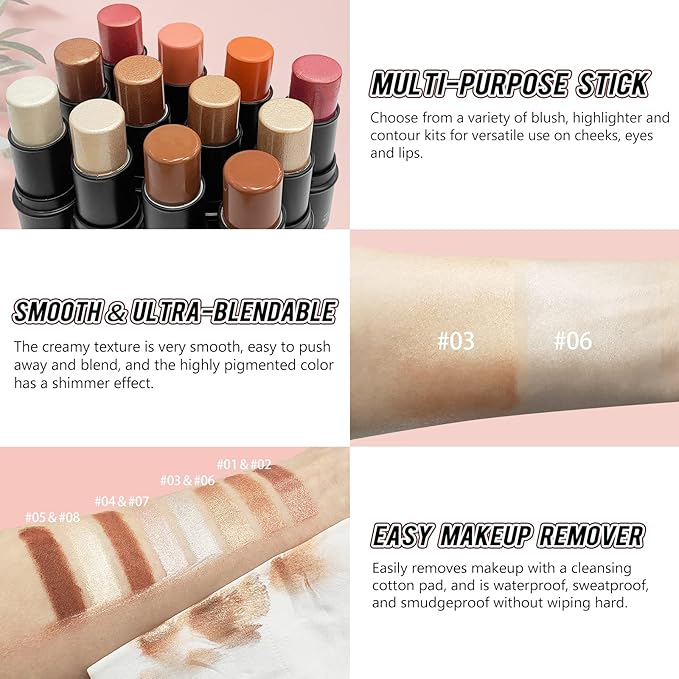 2 Pcs Cream Contour Stick Makeup Kit, Cream Highlighter Stick & Contour Bronzer Stick for Cheeks, Lightweight Blendable Smooth -Highlighter (#03 Champagne Gold #06 Silver)-Velvo Beauty