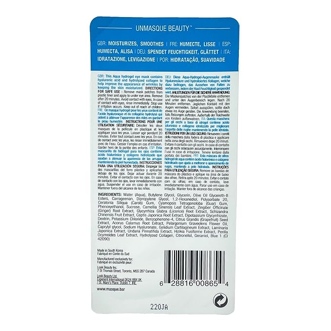masque BAR Hydrogel Aqua Eye Patches (6 Pairs) with Hyaluronic Acid and Collagen, Korean Under Eye Skincare Treatment, Moisturize & Hydrate Skin Around Eyes, Reduce Fine Lines, Wrinkles-Velvo Beauty
