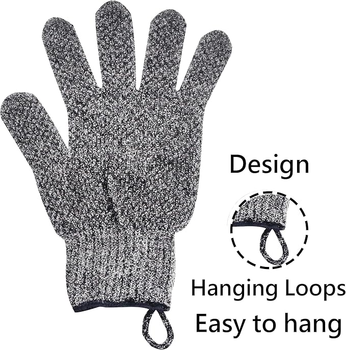 Exfoliating Gloves with Hanging Loop - 1 Pair Bamboo Charcoal Bath/Shower Gloves, Bath Gloves for Shower Exfoliating and Ingrown Hair/Dead Skin Remover - Bamboo Charcoal - Exfoliator Mitt Scrub Gloves-Velvo Beauty