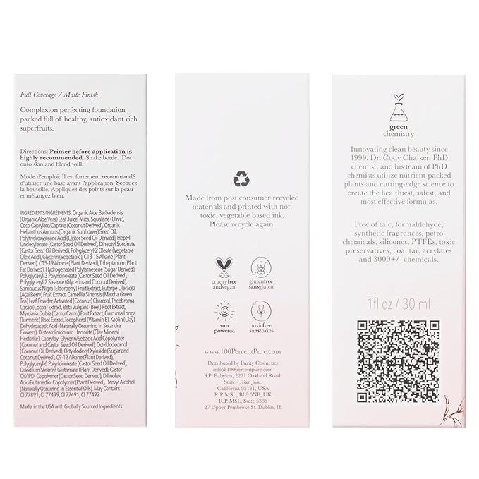 100% PURE Healthy Foundation Full Face Coverage Makeup, Liquid Matte Finish with Anti-Aging Benefits - Vegan Gorgeous Fruit Pigmented White Peach Color (Light with Warm Undertone) - 1 Fl Oz-Velvo Beauty