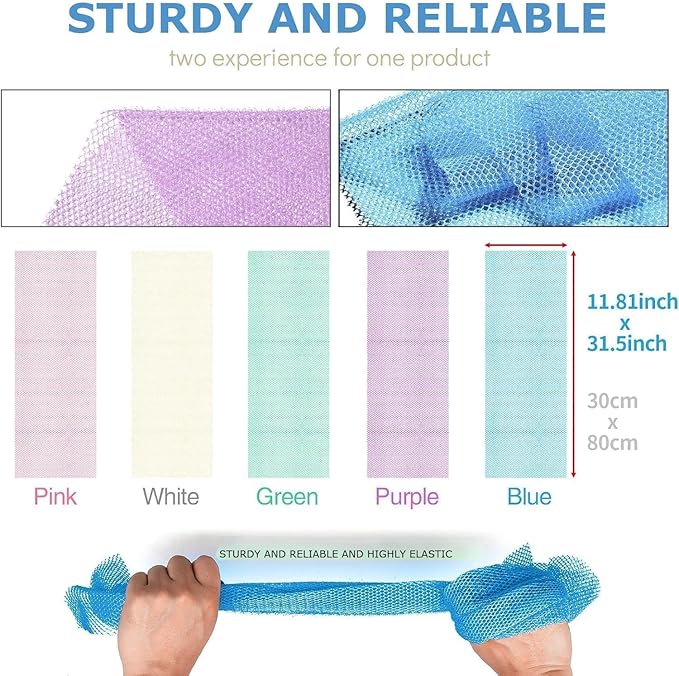 UJFQBH 5 Pieces African Bath Sponge African Net Long Net Bath Sponge Exfoliating Shower Body Scrubber Back Scrubber Skin Smoother,Great for Daily Use (Purple, Pink, Green, Blue, White)-Velvo Beauty