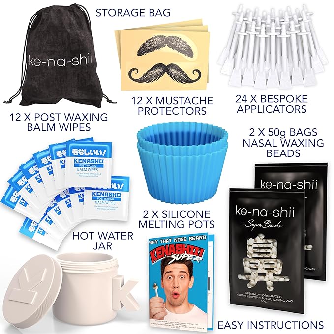 Kenashii Super Nose Waxing Kit | 100g Wax, 24 Applicators | No Microwave Required | Ear Hair Removal | For Men and Women | 12 Balm Wipes, Mustache Guards, Storage Bag-Velvo Beauty