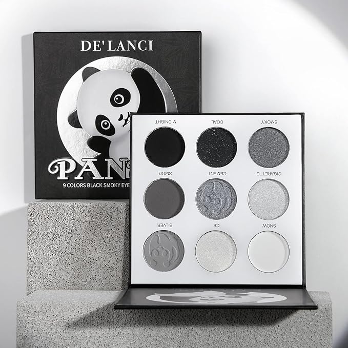 ecofavor Black Smoky Eye shadow Palette, DE’LANCI PANDA 9 Colors True Black Dark Grey Smokey Goth Makeup Pallet, 9 Soft Matte Shimmer High Pigmented Basic Black White Gray Shade for Halloween-Velvo Beauty