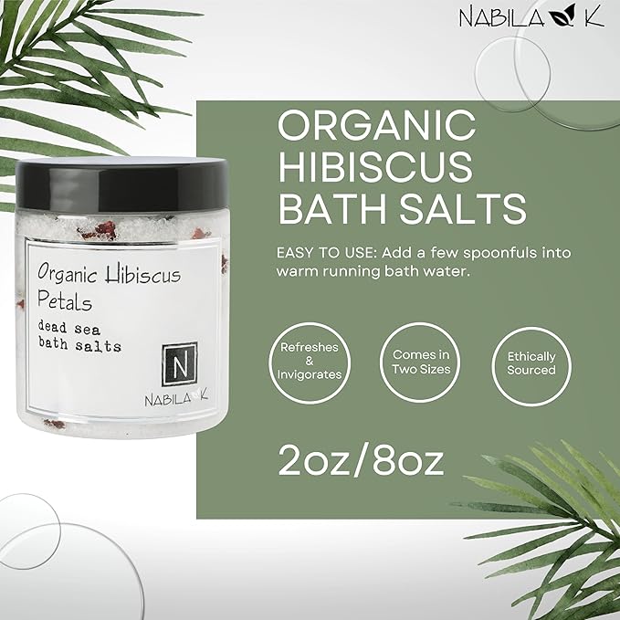 Organic Hibiscus Petals Bath Salts by Nabila K - Dead Sea Salt & Epsom Salt Scrub & Soak - Exfoliates & Hydrates Skin, Botanical Essential Oils - Bubble Bath Accessories for All Skins Types, 8 oz-Velvo Beauty