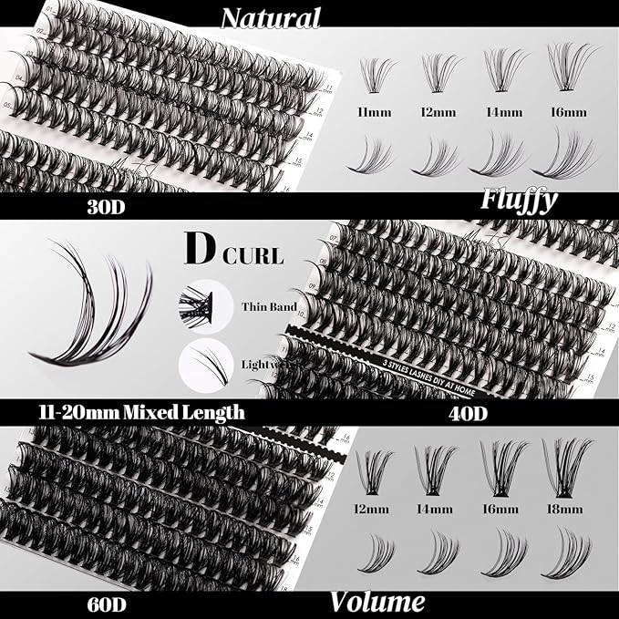 DIY Lash Extensions Kit 320pcs Individual Lashes Clusters 30D 40D 60D D Curl Eyelash Extension Kit with Applicator and Lash Bond&Seal, Lash Remover For False Eyelash Mix 11-20mm (30D+40D+60D KIT)-Velvo Beauty