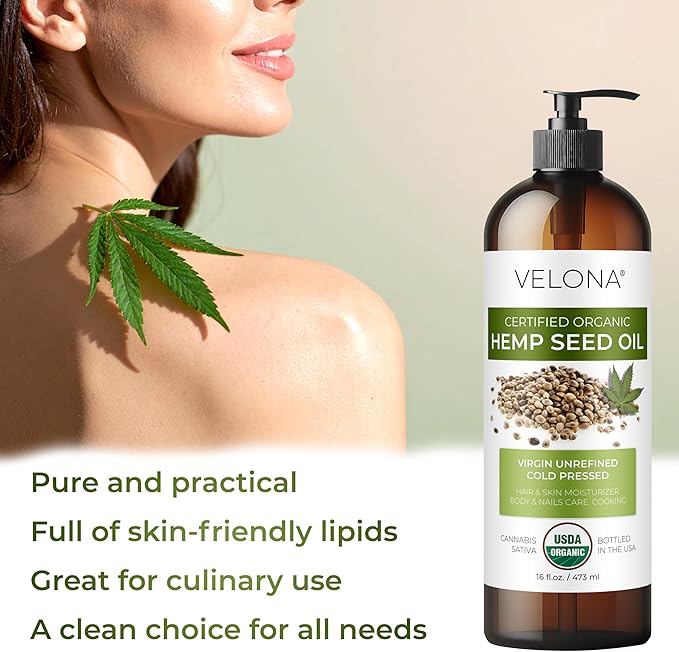 velona Hemp Seed Oil USDA Certified Organic - 16 Fl Oz | 100% Pure and Natural Carrier Oil | Unrefined, Cold Pressed | Hair, Body, Face & Skin Care-Velvo Beauty