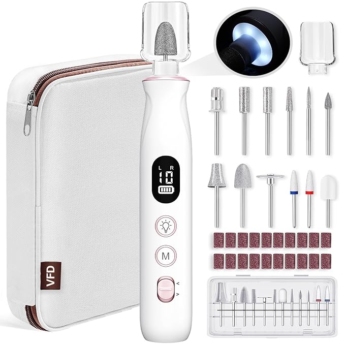 Electric Nail Drill, Cordless 2000 mAh Rechargeable Portable Nail File 12 in 1 Kit for Thick Toenails, 10 Speeds Nail Dril Machine Professional Manicure Pedicure for Hand Natural Nails Care (White)-Velvo Beauty