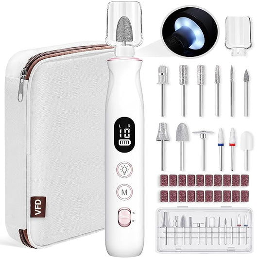 Electric Nail Drill, Cordless 2000 mAh Rechargeable Portable Nail File 12 in 1 Kit for Thick Toenails, 10 Speeds Nail Dril Machine Professional Manicure Pedicure for Hand Natural Nails Care (White)-Velvo Beauty