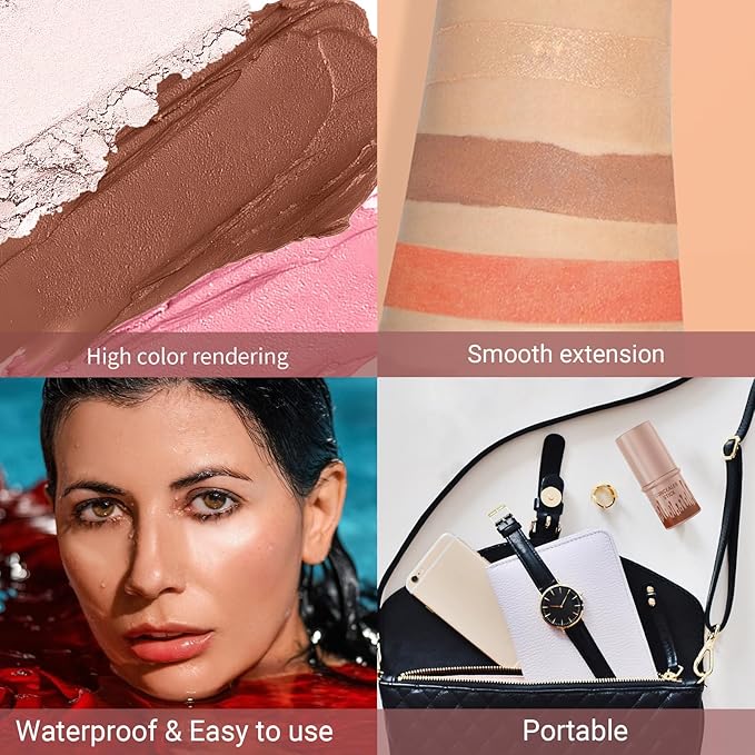 3Pcs Cream Contour Stick, with Highlighter Stick Milk Bronzer Stick Blush Stick, Face Contour Stick Highlighter Makeup with Makeup Brush and Sponge, Easy to Sculpt the Face, Long Lasting-Velvo Beauty