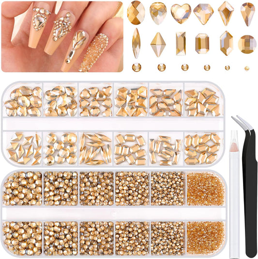 2680Pcs Champagne Gold Glass Nail Rhinestones 120Pcs Multi Shapes Flatback Nail Gems +2560Pcs 1.5-4mm Round Crystal, Manicure Nail Charms Diamond Gemstones for Acrylic Nails Decoration-Velvo Beauty