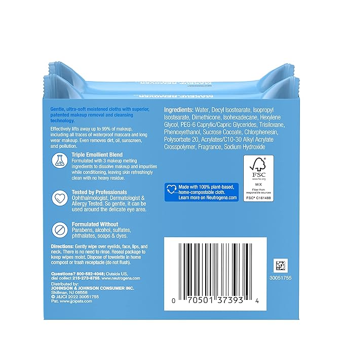 Neutrogena Makeup Remover Wipes, Ultra-Soft Cleansing Facial Towelettes for Waterproof Makeup, Alcohol-Free, Plant-Based, Twin Pack, 25 Count (Pack of 2)-Velvo Beauty