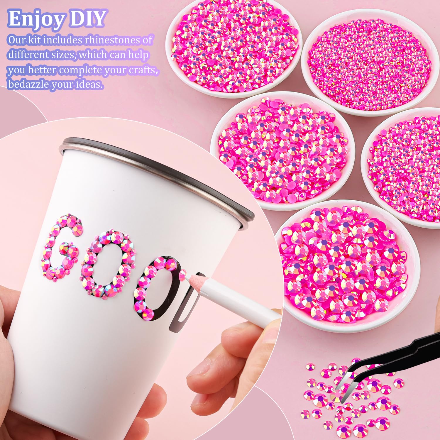 25000Pcs Resin Jelly Rhinestones with Tweezers for Crafting, Hot Pink AB Flatback Gems, Bedazzling Crystal with 3Pcs 10ml B7000 Jewelry Glue for DIY Crafts Clothing Tumblers Shoes Fabric Nail Art-Velvo Beauty