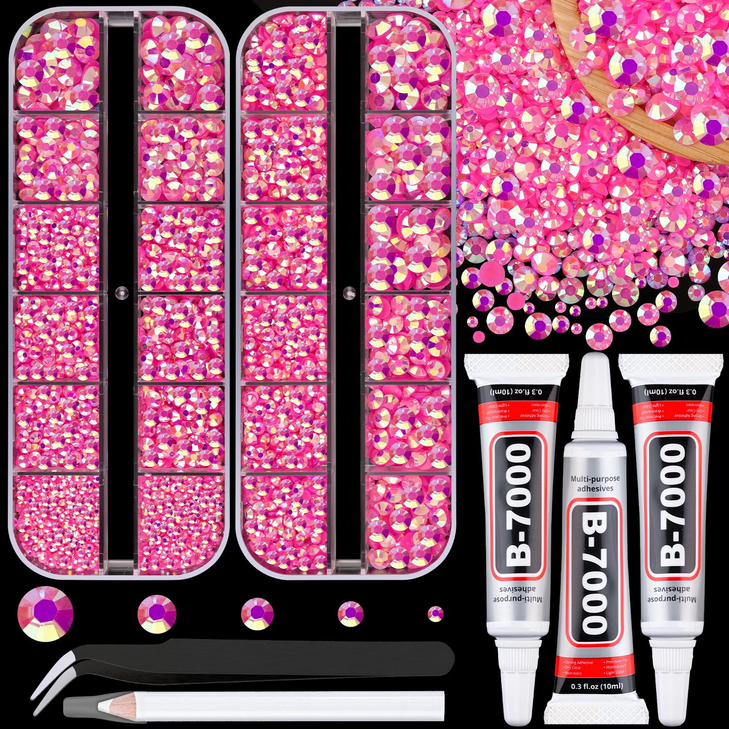 Resin Jelly Rhinestones for Crafting with B7000 Jewelry Glue, 2 Boxes Hot Pink AB Flatback Crystals with 3Pcs 10ml Glue, Bedazzling Non Hotfix Gems for DIY Tumblers Clothing Shoes Manicure-Velvo Beauty