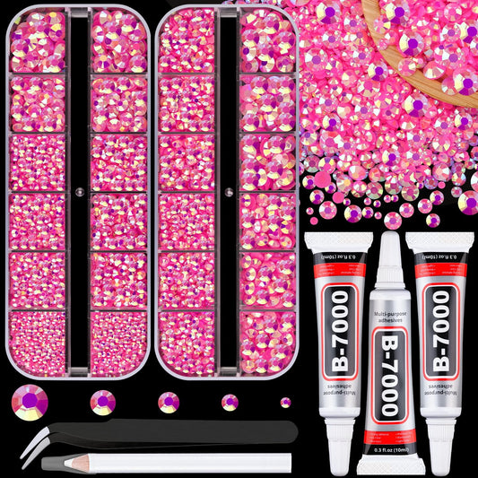Resin Jelly Rhinestones for Crafting with B7000 Jewelry Glue, 2 Boxes Hot Pink AB Flatback Crystals with 3Pcs 10ml Glue, Bedazzling Non Hotfix Gems for DIY Tumblers Clothing Shoes Manicure-Velvo Beauty