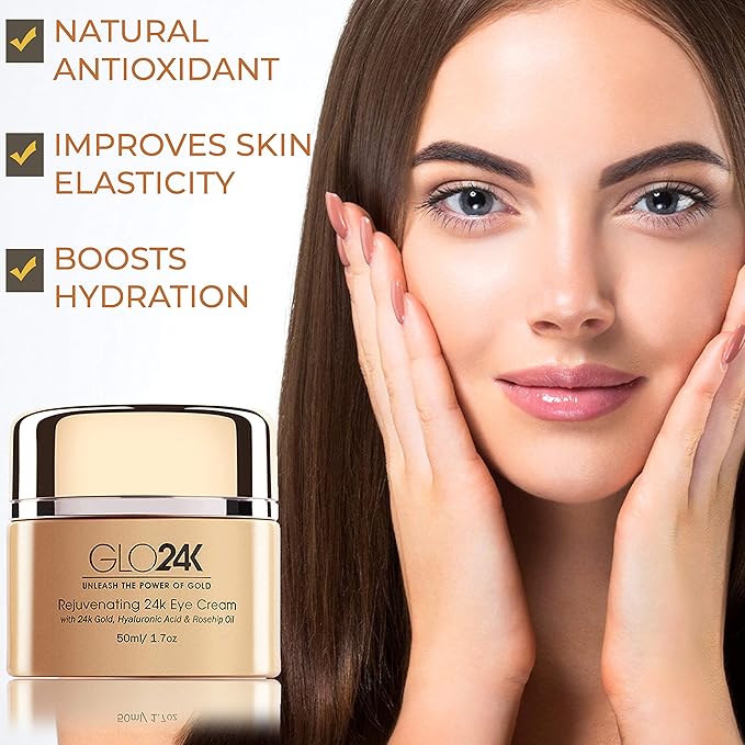 GLO24K Eye Cream with 24k Gold, Hyaluronic Acid, Rosehip Oil, and Vitamins. Minimizes wrinkles and fine-lines around the eyes-Velvo Beauty