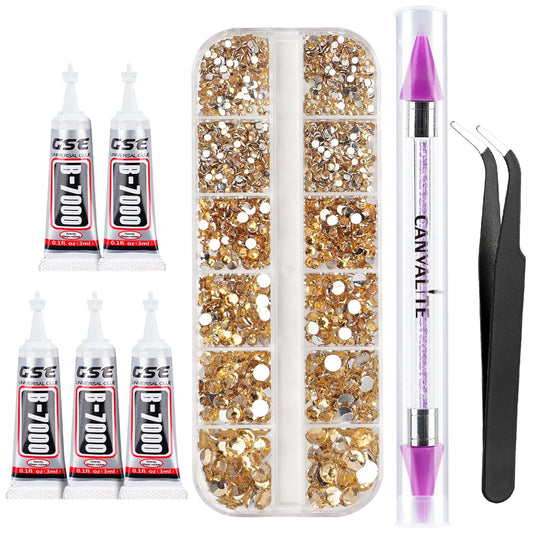 Canvalite 2784Pcs Gold Rhinestones Flatback Gems, Nail Rhinestones Nail Art Gems with Jewelry Glues, Pick Up Tweezers and Rhinestone Picker Dotting Pen, Nail Art Tools for Nails, Clothes, Face, Craft-Velvo Beauty