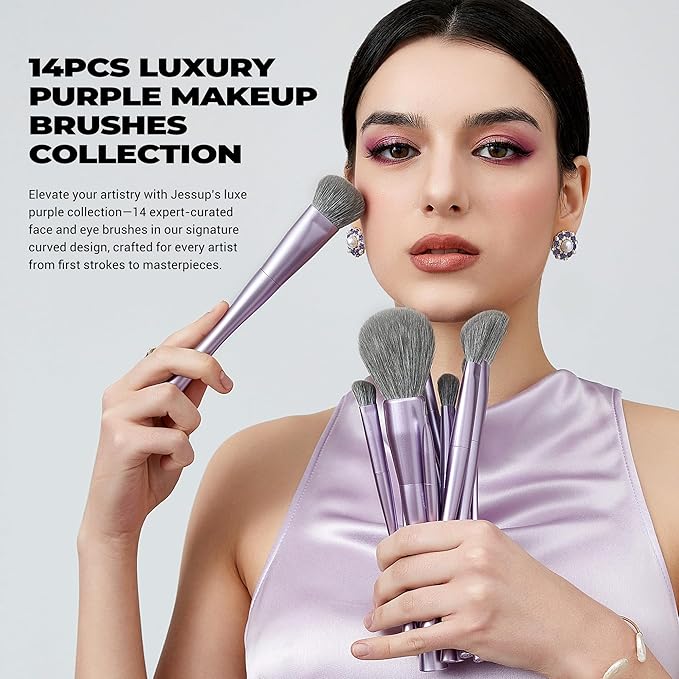 Jessup Makeup Brushes Set Professional 14pcs Vegan Make Up Brushes, Foundation Eyeshadow Concealer Contour Powder Blush Blending Eyeliner Brush, Premium Synthetic Fiber, Luxury Purple T512-Velvo Beauty