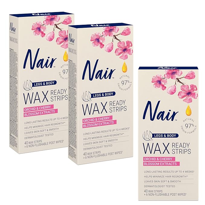 Nair Hair Remover Wax Ready Strips for Legs & Body, No Mess Waxing Kit for Hair Removal, 3-pack Wax Strips, 40ct Each Wax Kit-Velvo Beauty