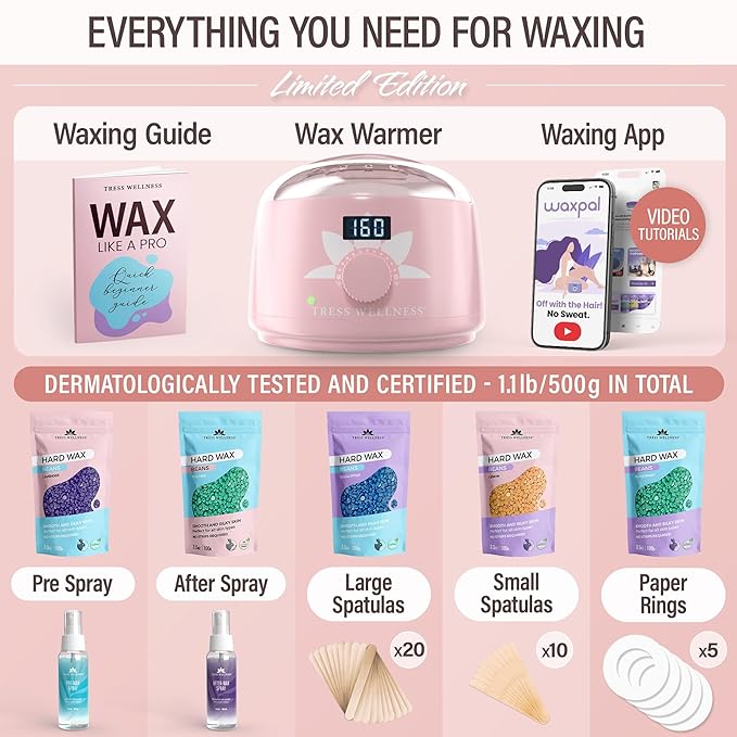 Tress Wellness Waxing Kit for Sensitive Skin – Safe for Face & Skin, Prep & Aftercare Spray, Easy to Use – At-Home Kit for Face, Bikini, Brazilian & Full Body - Digital Display, Pink-Velvo Beauty