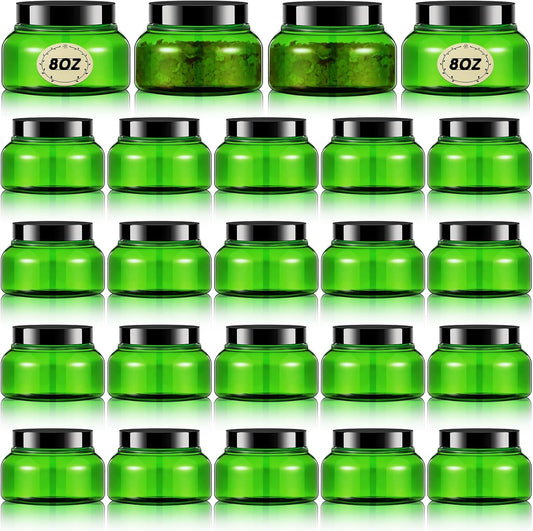 Tessco 24 Pack Plastic Jars with Lids Labels Empty Clear Plastic Jars Round Refillable Cosmetic Containers Body Butter Containers Bulk Sugar Scrub Bottle for Make Up(8 oz,Green, Black)-Velvo Beauty