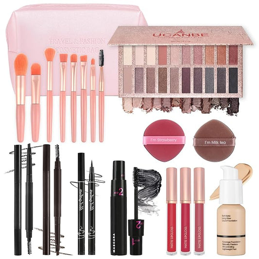 Makeup Kit Sets for Teens Women Full Kit with Bag,All in One Make-Up Gift Set Including 20 Colors Neutral Eyeshadow Palette,Lip Glosses,Eyeliner,Mascara,Eyebrow Pencil,Foundation,Brushes & More Kits-Velvo Beauty