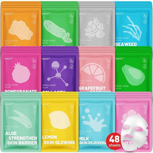 48 Pack Collagen Hydrating Face Masks Skincare for Women, Moisturizing & Soothing Face Mask for All Skin Types, Facial Masks Set Spa Gifts for Women, Bulk Sheet Face Mask for Skin Care-Velvo Beauty