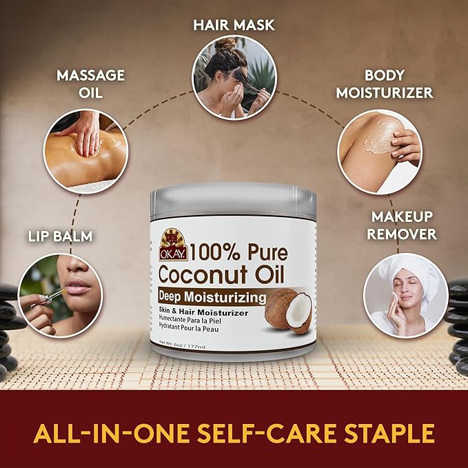 Okay 100% Pure Coconut Oil for Hair & Skin - Coconut Oil for Women & Men, Perfect for Hair & body, Natural Massage Oil & Moisturizer - 6 fl oz Jar (Pack of 1)-Velvo Beauty