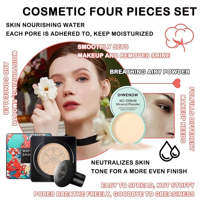 Mushroom Head Air Cushion CC Cream Full Coverage Liquid Foundation Set,Oil Control Concealer Lasting Moisturizing BB Cream,Loose Setting Face Powder Moisturizer Base Primer Makeup with Makeup Sponge-Velvo Beauty