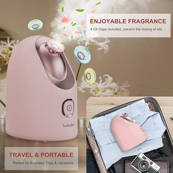 Newbealer Facial Steamer, Mini Aroma Face Steamer, Nano Ionic Hot Mist Facial Humidifier Atomizer, Home Sauna Spa Sprayer Moisturizing Cleansing Pores, 9 Pieces Acne Remover Kit (Pink-Gold, 160ml)-Velvo Beauty