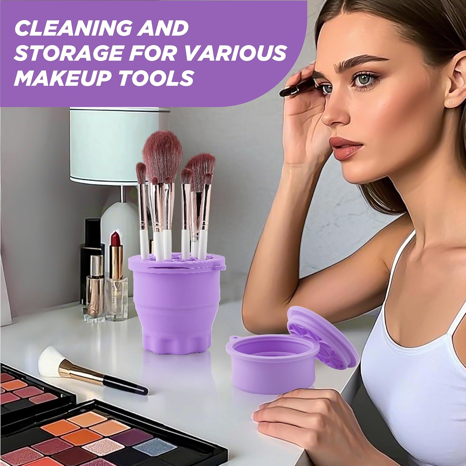 Makeup Brush Cleaner - Foldable Silicone Makeup Brush Cleaner Mat with Brush Storage Holder Makeup Brush Cleaning Bowl Cosmetic Brush Washing Tool for Cleaning Organizer and Drying (Purple)-Velvo Beauty