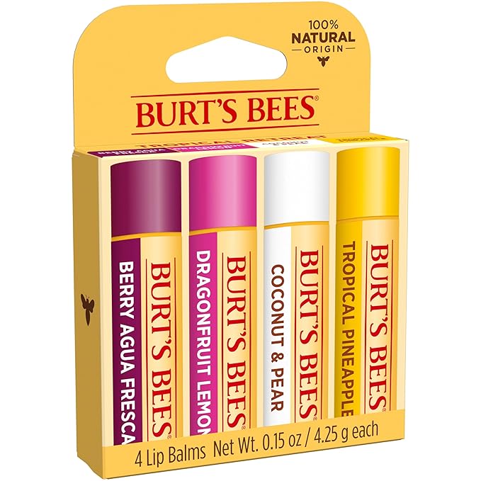 Burt's Bees Lip Balm - Berry Agua Fresca, Dragonfruit Lemon, Coconut & Pear, Tropical Pineapple Pack, With Beeswax, Tint-Free, Natural Origin Lip Treatment, 4 Tubes, 0.15 oz.-Velvo Beauty