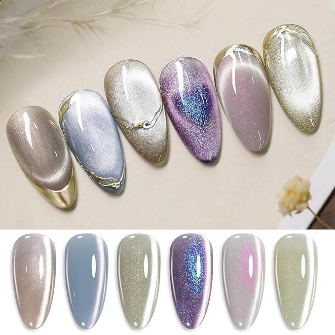 Born Pretty Magnetic Gel Nail Polish Set,Cat Magnetic Eye Gel Jelly Glass Crystal Magnetic Gel Polish Nail Art Manicure Kit 6PCS-Velvo Beauty