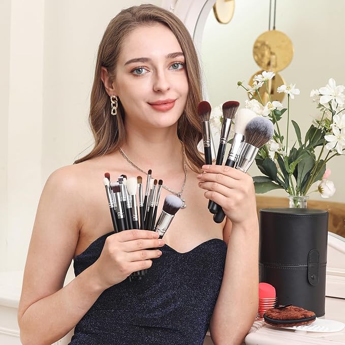 Bueart Design Pro makeup Artist 34Pcs Deluxe Real Goat Hair Horse hair Makeup Brushes Set with extra Large Holder High End Professional labeled makeup brush set with natural Pony Hair-Velvo Beauty