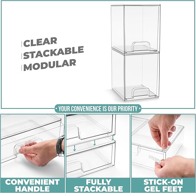 Sorbus Acrylic Storage Containers - 2 Pack, Stackable Storage Bins Set for Bathroom Organization - Clear Acrylic Drawer Organizers - Makeup Case Pull-Out Drawers (7.6’’ Tall)-Velvo Beauty