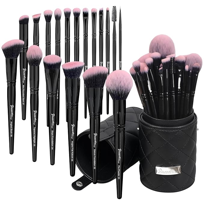 Bueart Design 18Pcs Pro Deluxe Fuchsia Pink Black Makeup Brushes set with Travel Make up Brush Holder case Foundation concealer contour Blush eyeshadow face make up brush set-Velvo Beauty