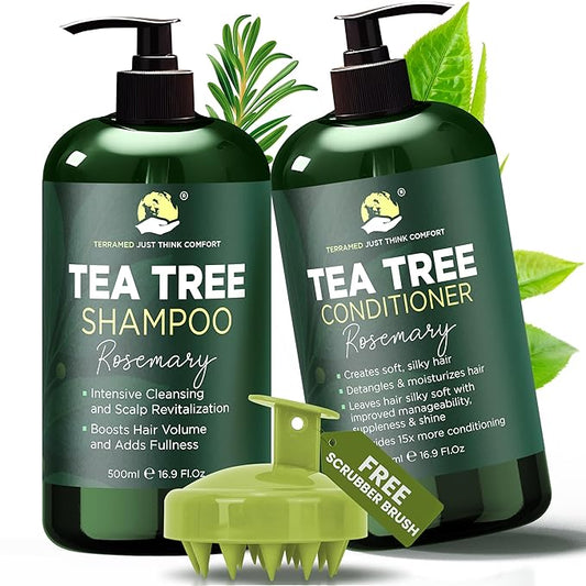 Rosemary Shampoo and Conditioner Set Infused with Tea Tree & Rosemary Oils for Scalp Relief and Hair Growth | Sulfate Free, Soothes Dry Scalp, Boosts Shine + Free Scalp Brush | 16.9 fl oz-Velvo Beauty