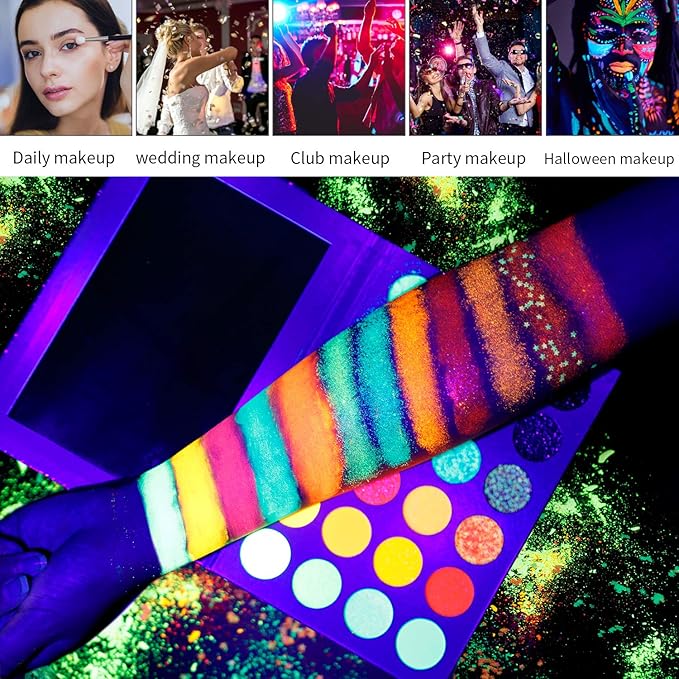 DE'LANCI Neon Eyeshadow Palette Glow in the Dark, Aurora Glow Eyeshadow Pallets Stage, Halloween Christmas Makeup Kit UV Blacklight Matte and Glitter Fluorescent Eye Shadows Highly Pigment-Velvo Beauty