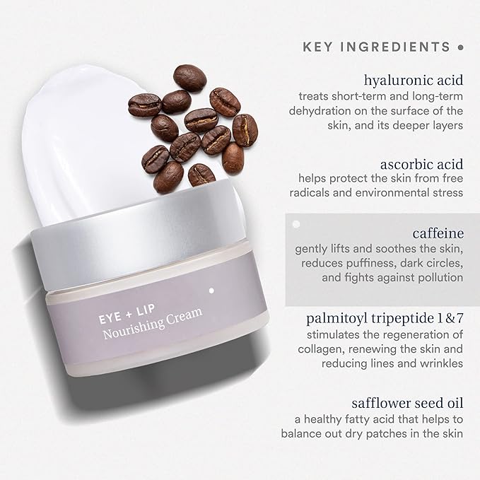 Eye+Lip Nourishing Cream with Caffeine, Vitamin K, Vitamin C, and Peptides. De-Puffs and Reduces Dark Circles. Fragrance-Free, Cruelty-Free. (0.5 ounce) (0.5 oz)-Velvo Beauty